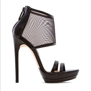 BCBGMAXAZRIA (8.5) 5” Black Leather Mesh Top Stiletto Heels - Open Toe, Clubbing